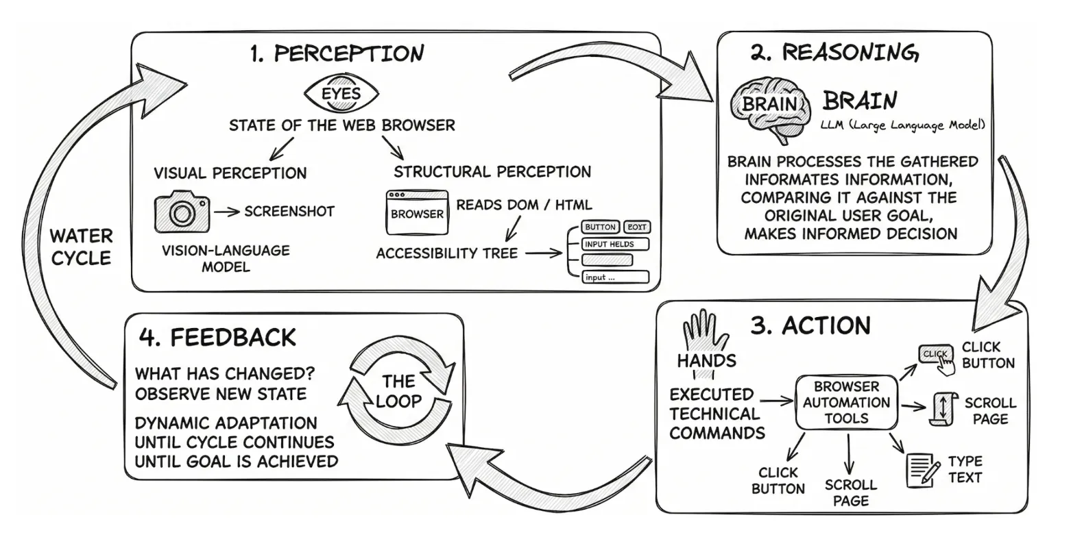 The four-phase perception-action loop of a browser agent: perception, reasoning, act, and feedback