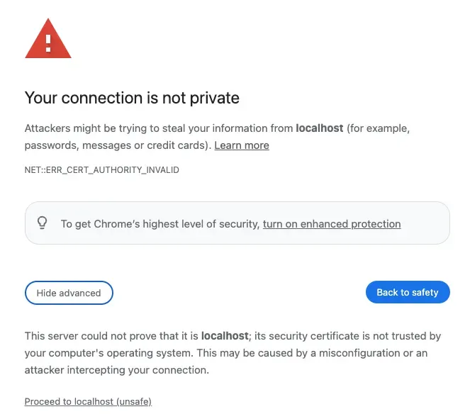 Screenshot: Browser self-signed certificate warning